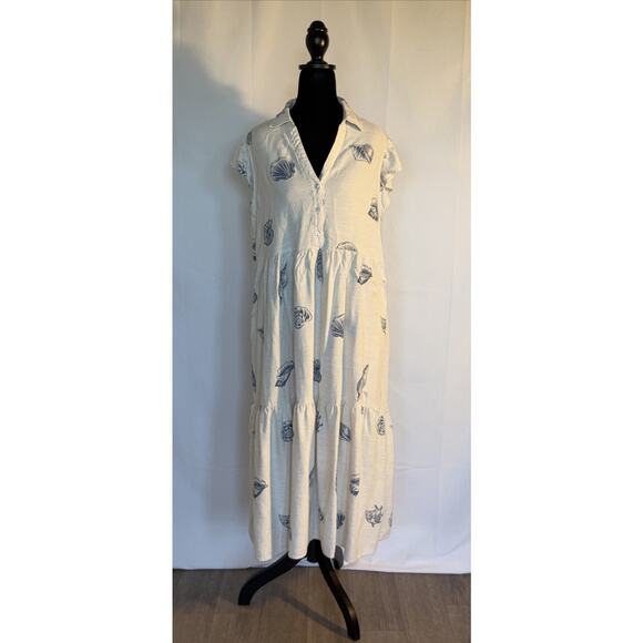 June & Delancey Cream Blue Seashell Tiered V- Neck Women’s DressBeach Costal Xl - Picture 1 of 13